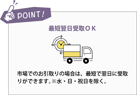 POINT:最短翌日受取ＯＫ。市場でのお引取りの場合は、最短で翌日に受取りができます。※水・日・祝日を除く。